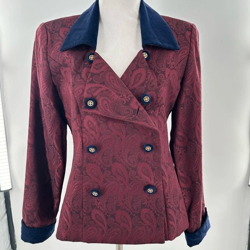 Jessica Howard blazer size 4 burgundy navy velvet paisley double breasted 90s